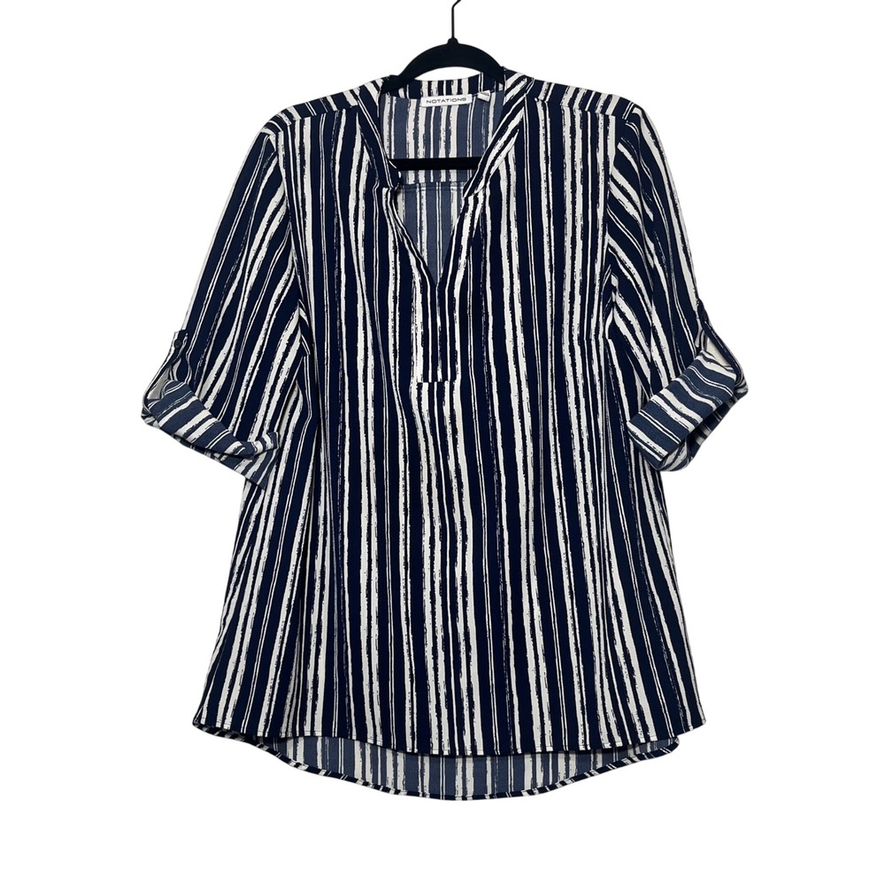 Notations Womens Navy White Striped Roll‎ Tab Sleeve Tunic Blouse Size L
